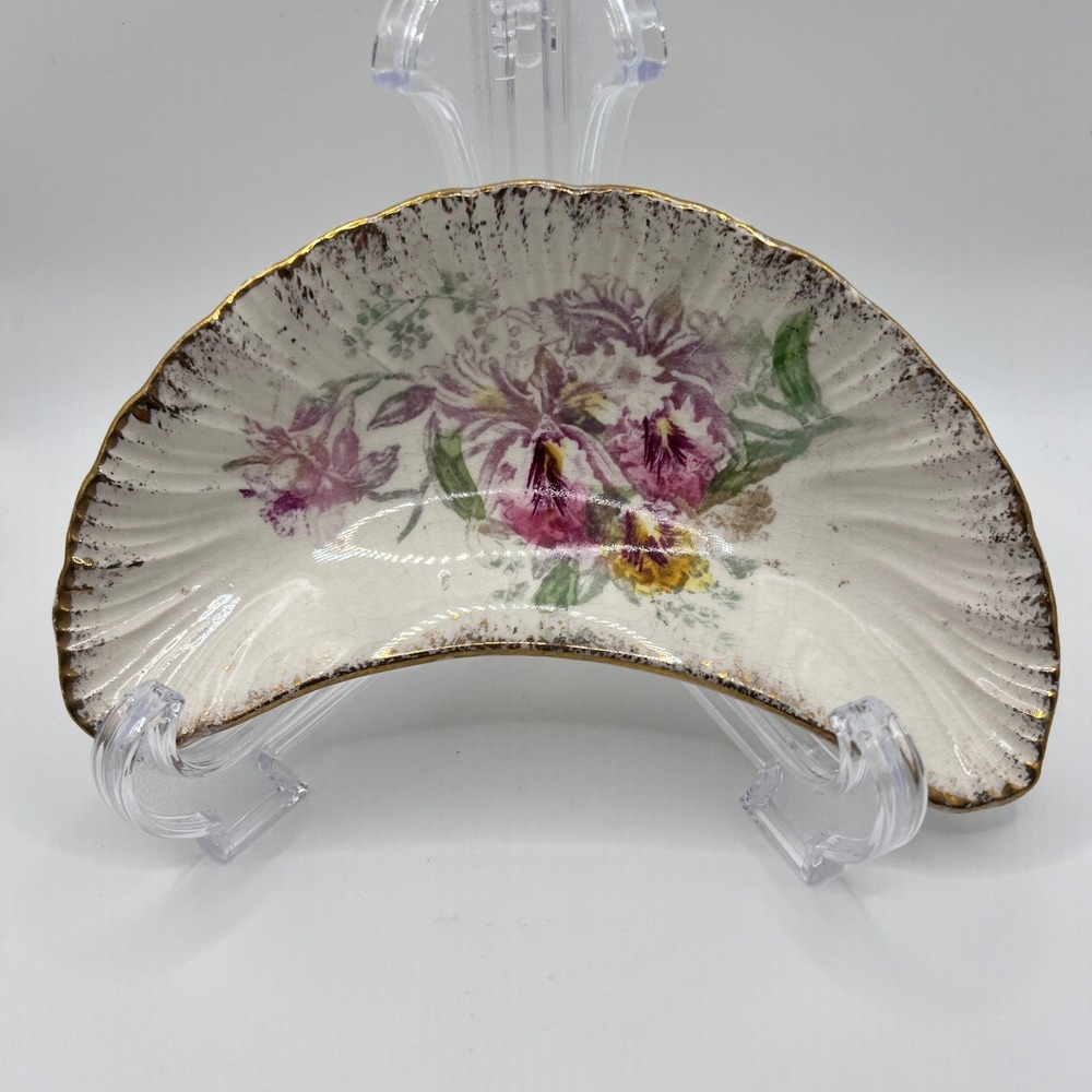 FAM Bonn Germany Bone Dish 6.75" Cream Purple Good Antique Floral Crescent Plate